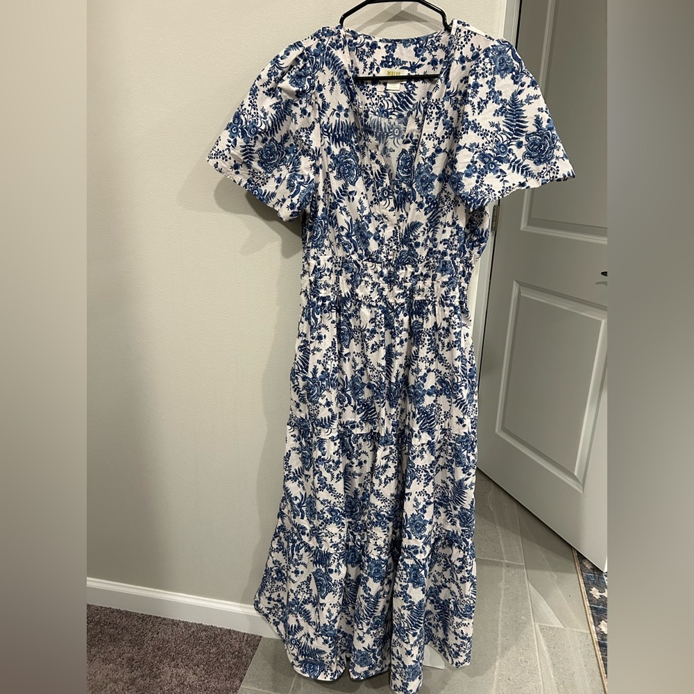 Anthropologie Maeve White Maxi Dress with Blue Floral Print